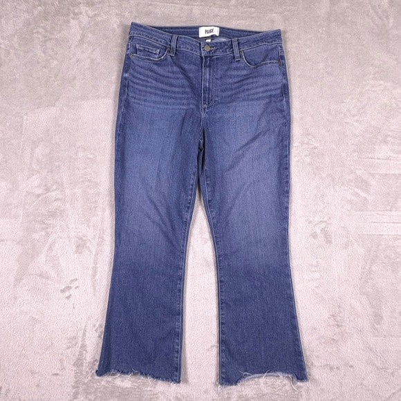PAIGE Denim - PAIGE Rory Crop Flare Jeans Blue‎ Distressed Raw Hem Size 31 (Msr 32x25)